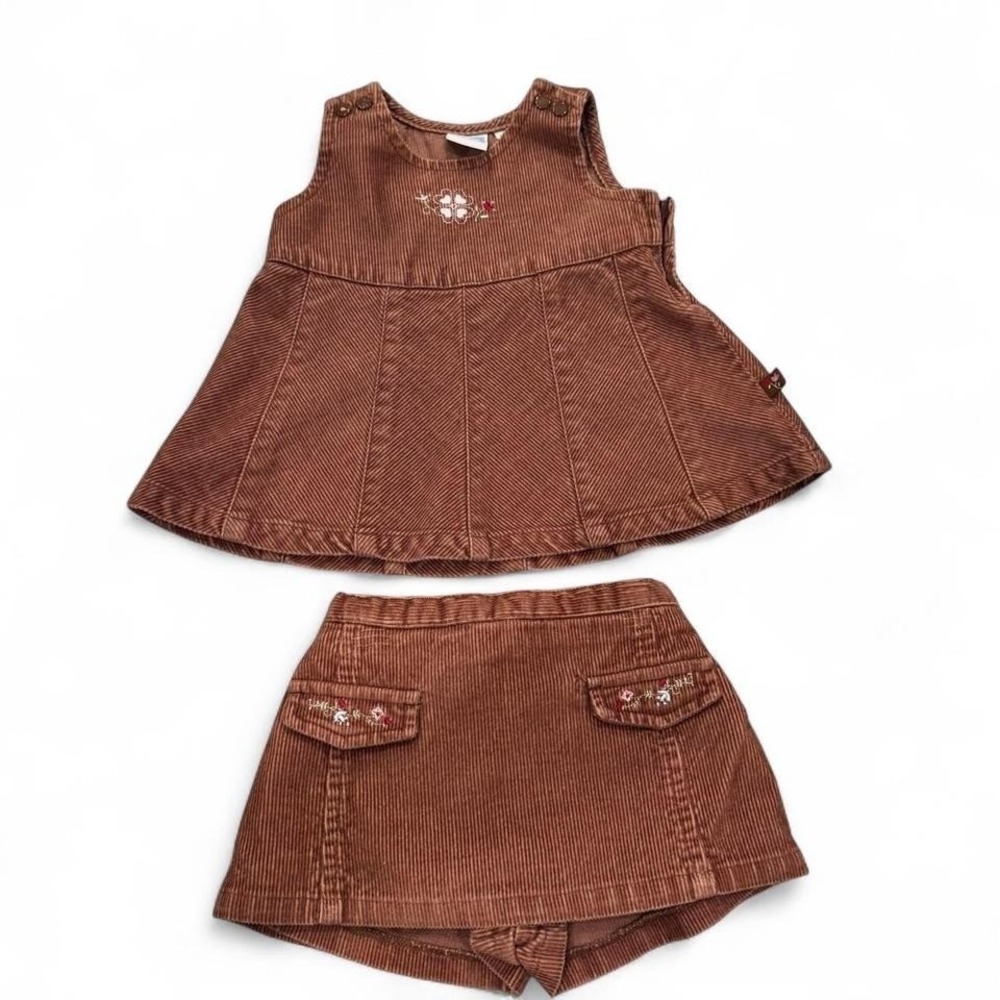 Vtg McBaby Girls 2-Piece Corduroy‎ Jumper Dress Skort Brown 0-3 Mo 90s Prairie